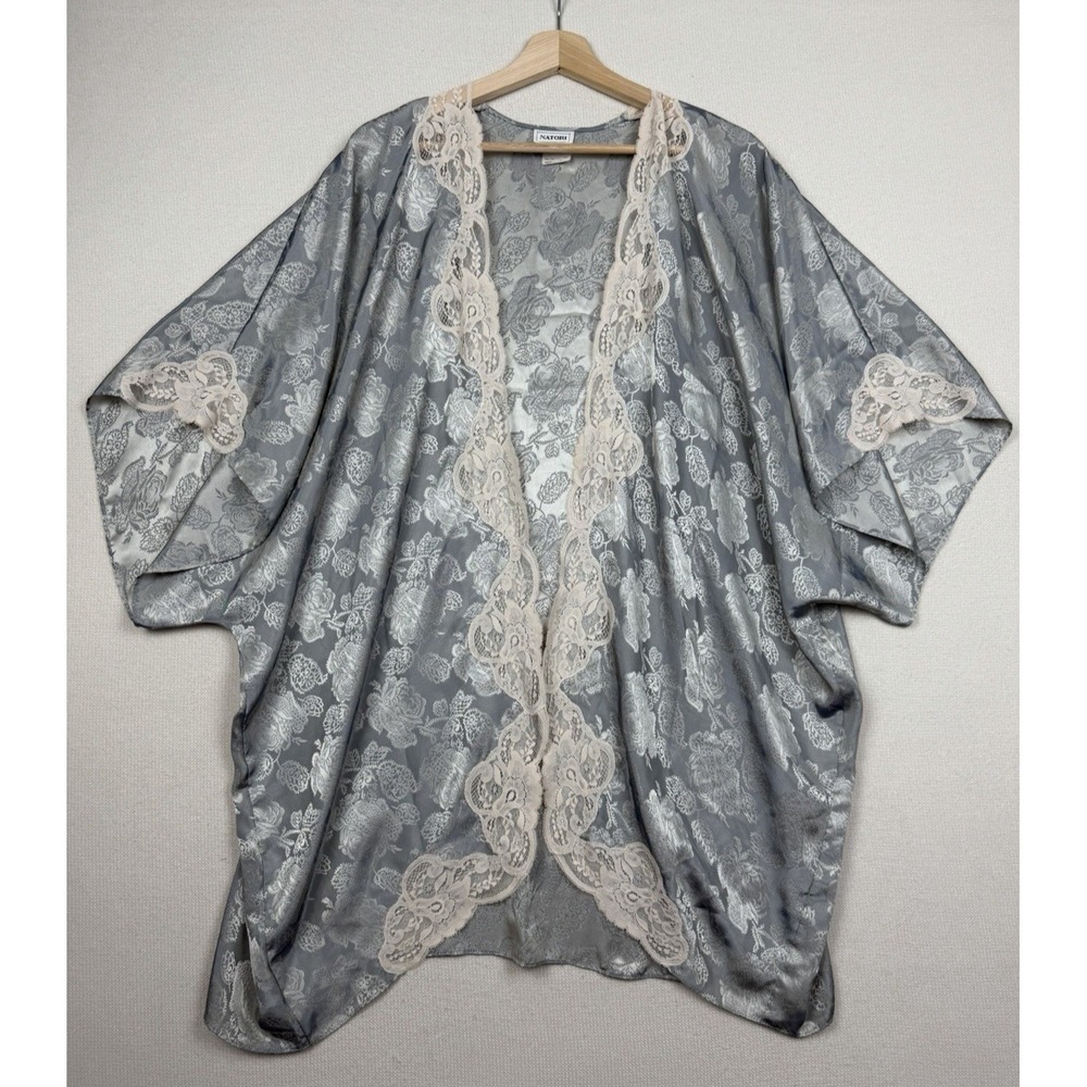 Vintage Open Front Satin Natori Robe Kimono Womans 1X Gray Floral Luxe Wide Lace